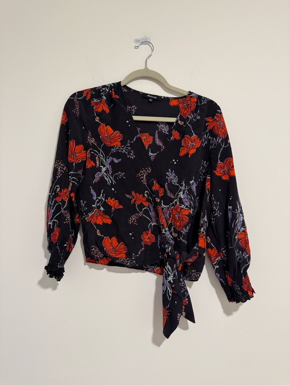 Madewell Silk Floral Wrap Tie Blouse - Black with Red Floral